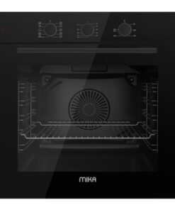 MIKA Built In Oven, 60cm, 73L, Fry Art (Air Frier), Convection (Turbo) Fan Oven, 10 Functions, Pop Up Knob Control, with Grill & Rotisserie, Black Glass Finish