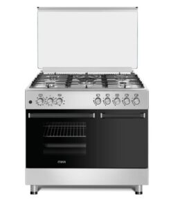 MIKA Standing Cooker, 90cm x 60cm, 5 Gas Pool Jet Burners (1 Wok), FLAME FAILURE SAFETY, Auto Ignition, 10 Function Electric Oven (Air Fry+Convection Fan), GAS CYLINDER CABINET, Rotisserie, Half Inox